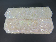 VTG Small White Sequined Beaded Evening Clutch with Floral Design Formal Bridal