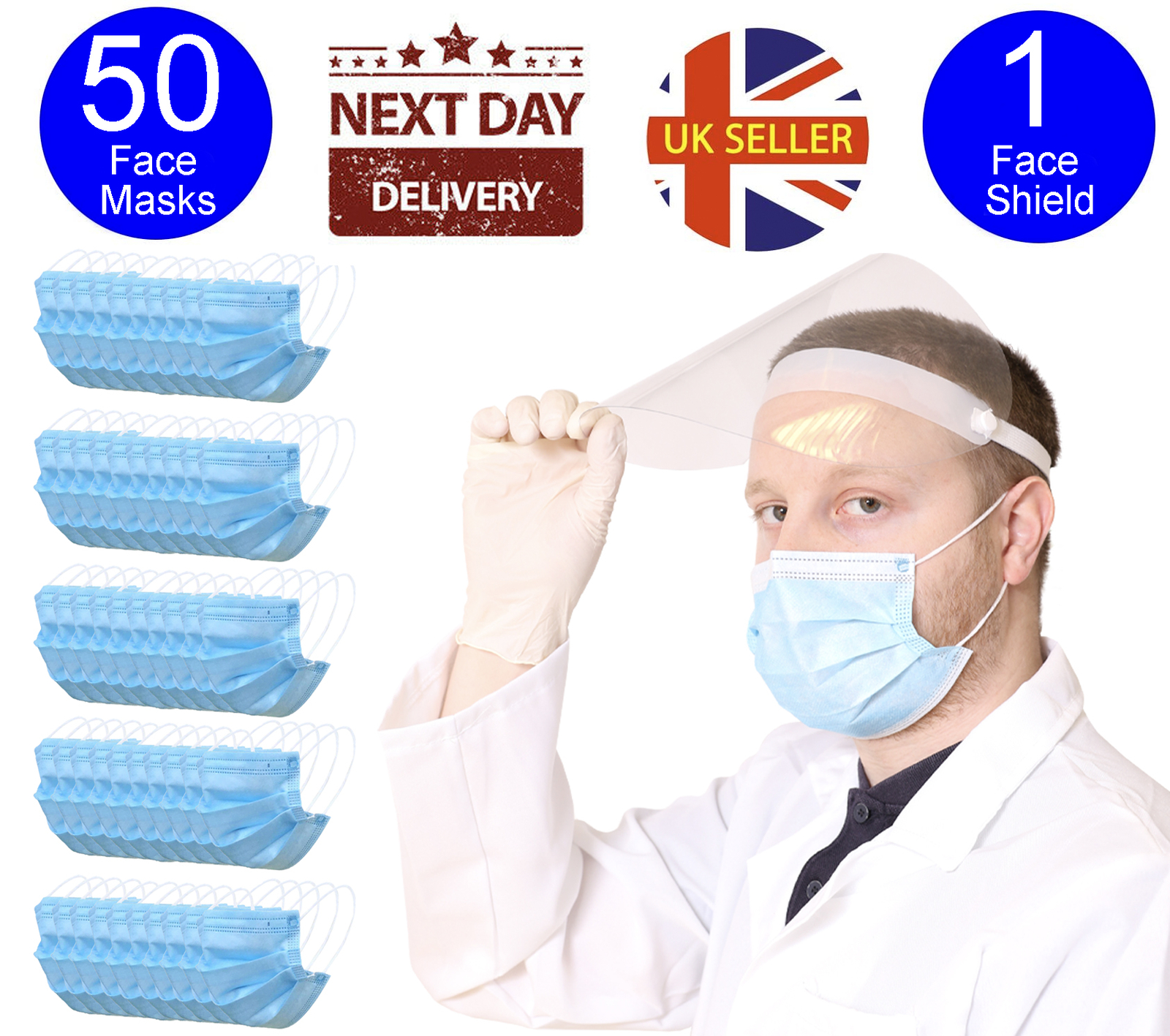 LOTE PROTECTOR FACIAL COMPLETO VISERA CON 50 PAQUETES DE MASCARILLAS DESECHABLES PPE PROTECTOR