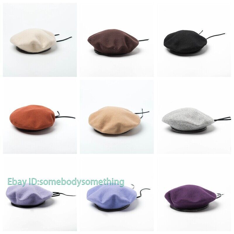 Women Wool Blend Beret Hat PU Leather Trim Army Military  display picture 1