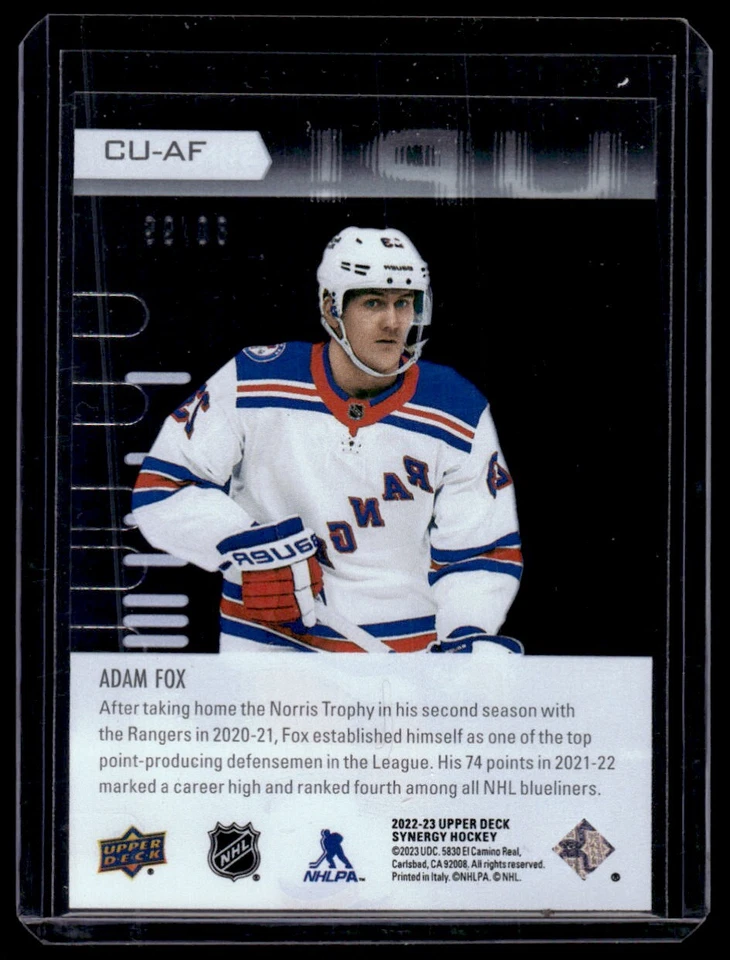 2022-23 Upper Deck Synergy Cranked Up Adam Fox 80/99 #CU-AF New York Rangers - Image 2 of 2