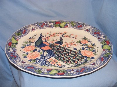 Pfau und Obst GROSSER ovaler Teller Fleisch Truthahn Platte und Blumen 46 cm schwer