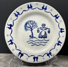 Metlox Poppy Trail Blue & White Bread  Plate Lady Carrying Water Flow Blow 5 Set