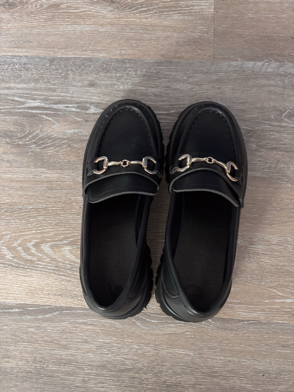 Black Faux Leather Loafer Flats with Buckle Accent for Women
