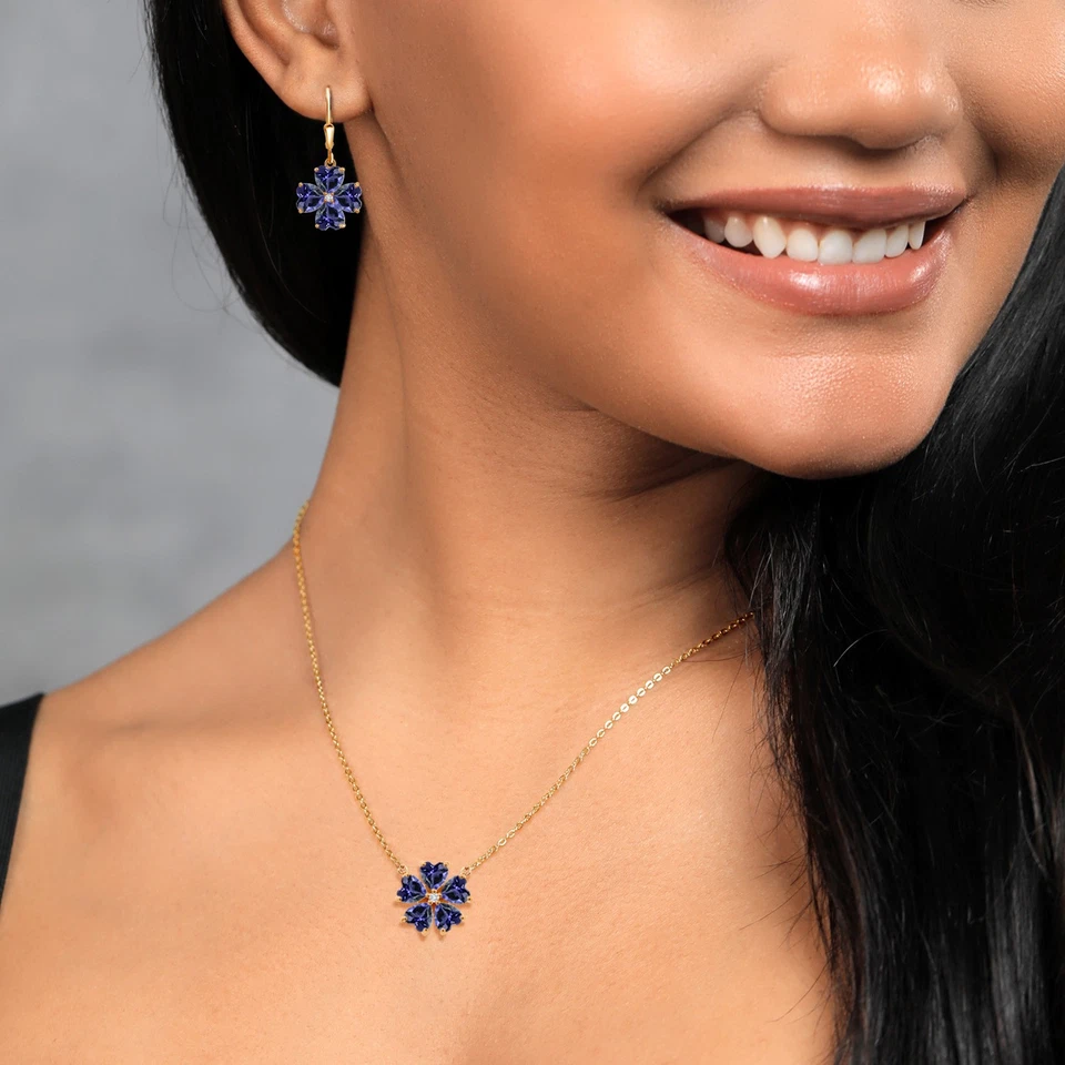 18K Yellow Gold Plated Silver Blue Iolite and White Lab Grown Diamond Pendant - Image 3 of 3