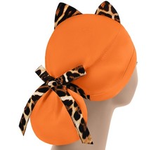 Cat-Ear Scrub Cap Cotton, Nurse Hats Ponytail, Orange Surgical Leopard Cap