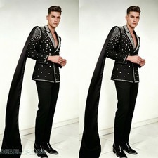 Luxury Crystal Men Suit with Cape Rhinestone Tuxedo Peak Lapel Prom Formal Wear