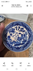 Blue & White Willow Pattern Ceramic Plate, Japan, Painted Backstamp, Glossy