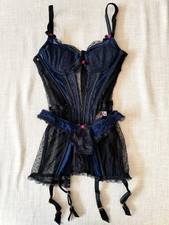 Rare Agent Provocateur Indigo Black Blue Corselette Basque Thong 2PCSet 34B/SZ 2