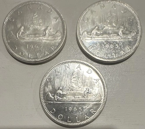 Canada Silver Dollar Coins 1965 Queen Elizabeth II Canoe Design $1 Lot of 3