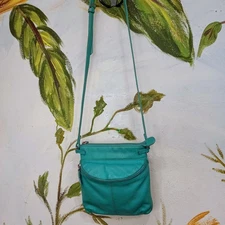 ILI NY Small Crossbody Bright Green Teal Leather Zip Top Exterior ZIP Pocket-EUC