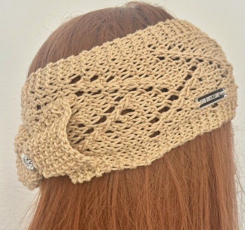 Hand Knits 2 Love Headband Bandana Lace Bow Pearls Designer Fashion Khaki Beige - Picture 7 of 11