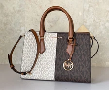 Michael Kors Sheila M Center Zip Satchel Shoulder Bag Color-Block MK Brown Multi