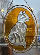 VTG Stain Glass Suncatcher Cat 3D Window Ornament Handmade