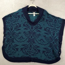 Catherines Sweater Cape Poncho Women 2X 3X Blue Floral Cowl Shawl Pullover