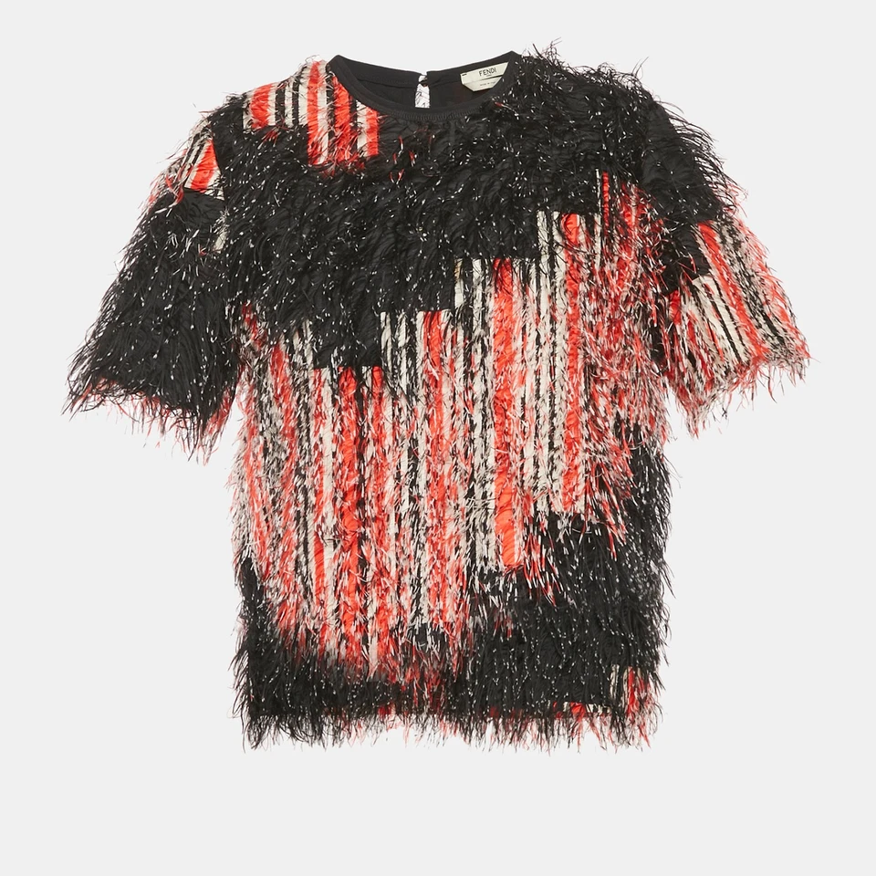 Fendi Orange/Black Printed Synthetic Fringe Fil Coupe Top S