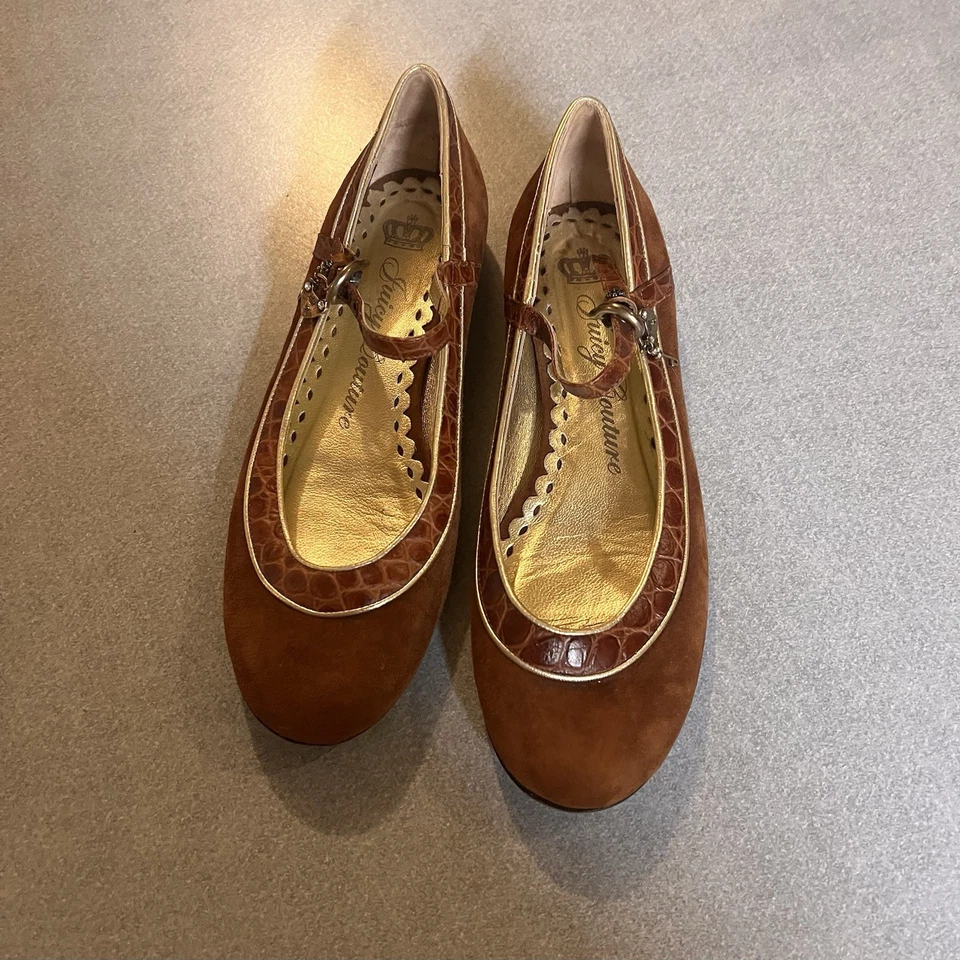Juicy Couture Y2K “Smells Like Couture” Mary Jane Brown Suede Leather Flats Sz 9 - Image 2 of 4
