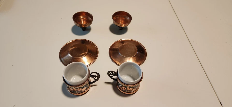Tazas y platillos turcos 100 % cobre tradicionales hechos a mano - raros Foto 4 de 4