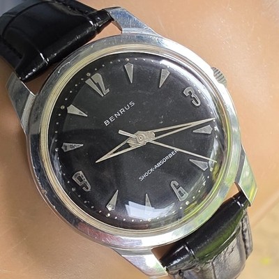 Vintage BENRUS Shock-Absorber men's manual wind watch Black dial