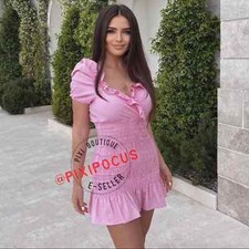 ZARA NEW LINEN RUFFLED MINI DRESS V-NECK STRETCHY PINK S,M,L