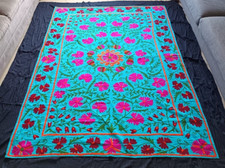 Blue Hand Embroidered Suzani Throw 90 inches Bedspread Tapestry Wall Hanging