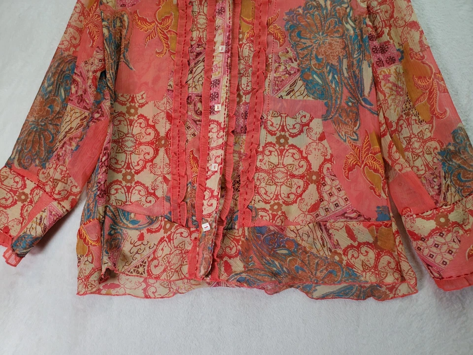Blusa Top Bill Blass Mujer Grande Multi Naranja Floral Transparente Volantes Botón Frontal Foto 3 de 4