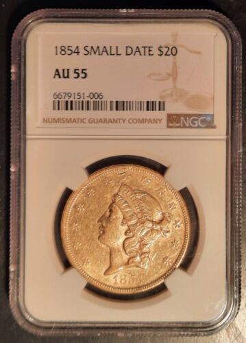 1854-P $20 Liberty Gold Double Eagle●NGC AU55●Rare-Pre Civil War Coin!Ships Free