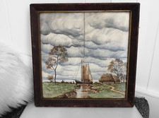 Dutch Tile Panel River Ship Boat House signed E. Fuchg Wood Framed 1970's