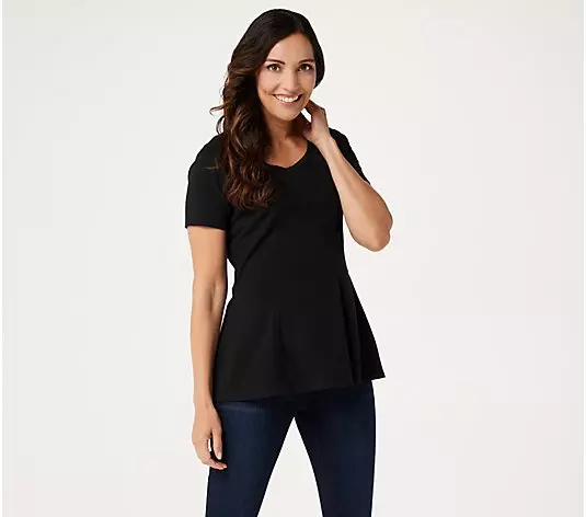 Isaac Mizrahi Live Short Sleeve Seamed Peplum Knit Top Black