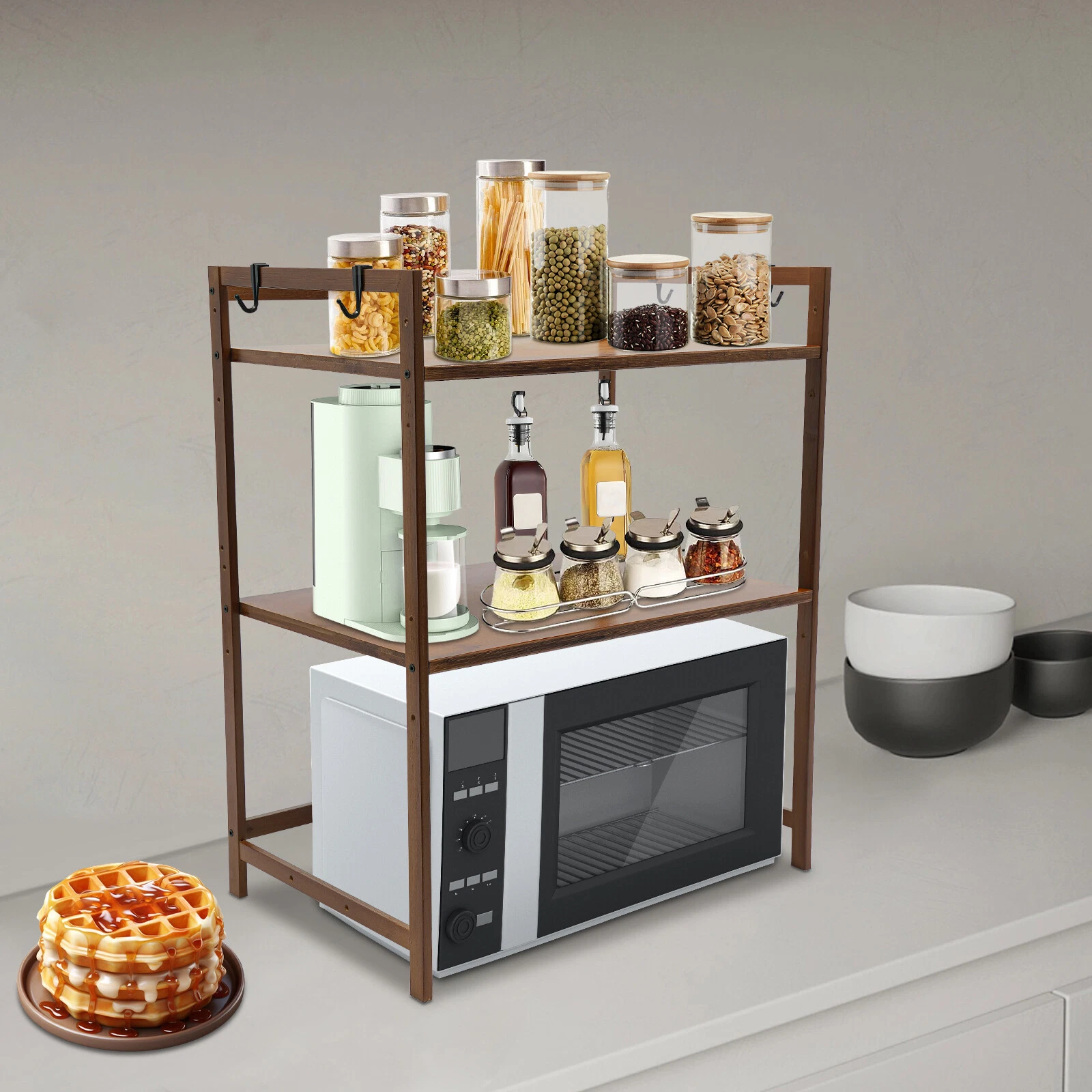 2 Tier 4 Hook Kitchen Storage Rack for Microwave Oven Stand Shelf Organizer