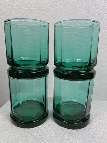 Set of 4 Essex Green Anchor Hocking Heavy Footed 10 Panel Glasses 8 Oz - Picture 2 of 7