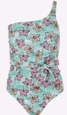 Monsoon Accessorize Beach Geo Floral One Shoulder Green Swimsuit Uk 10 Bnwt