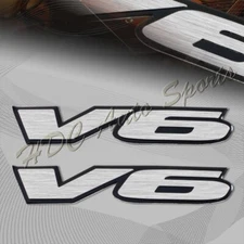 2x Universal Black Border Silver V6 Aluminum Adhesive Sticker Decal Emblem Badge