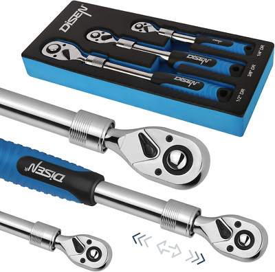 3PCS Extendable Ratchet Wrench Set,1/4'' 3/8'' 1/2'' Drive 72-Tooth, Quick-Release,