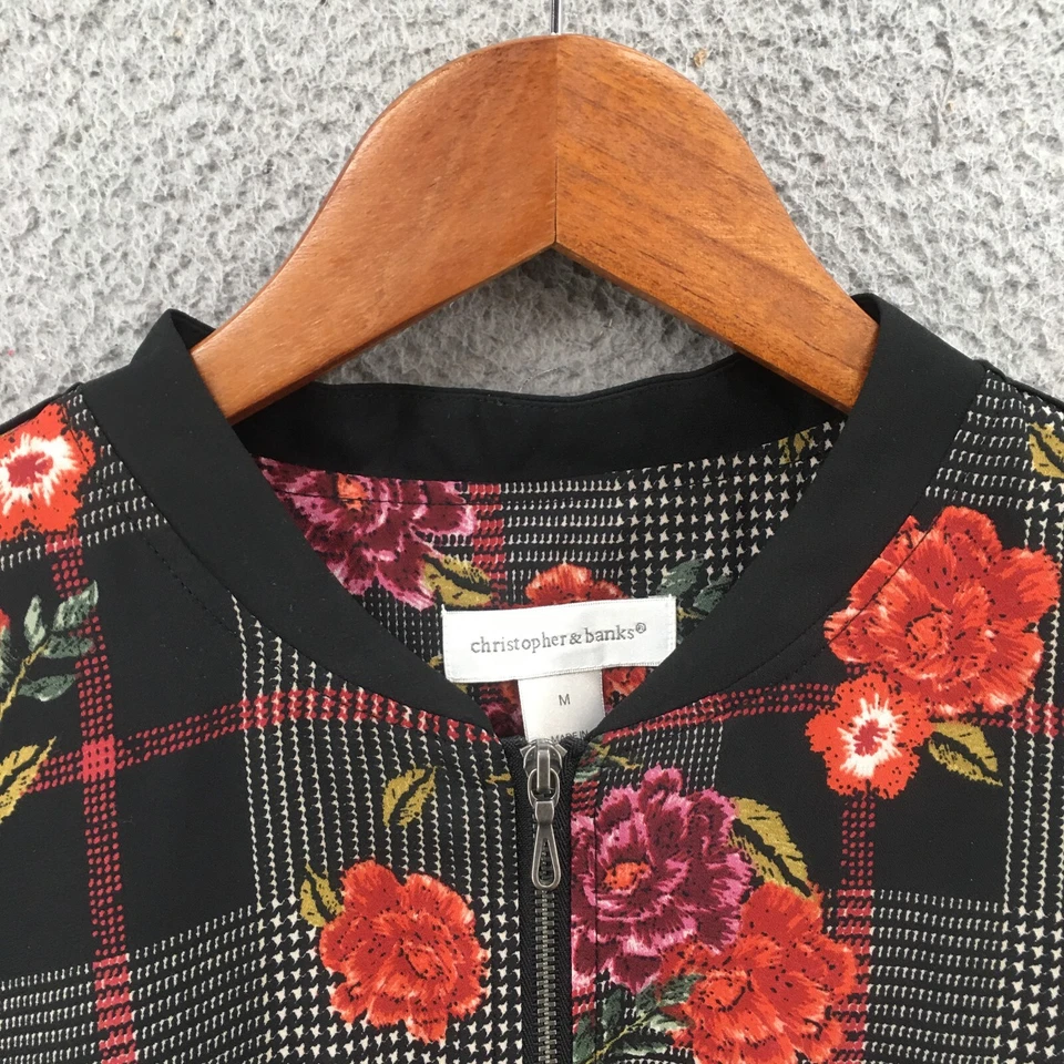 Christopher & Banks Zip Up Jacket Womens Medium Black Red Plaid Floral NEW - Image 3 of 4