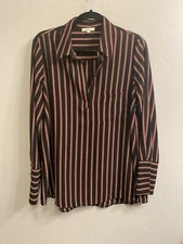 PLEIONE Anthro Women’s Size Medium Black w/Red & Rust Stripe Henley Style Blouse