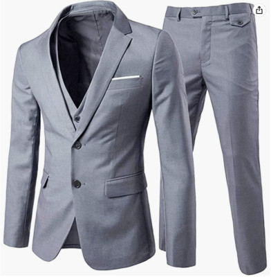 Men's Suit Slim Fit Grey M 40R 34W 3 Piece Notch Lapel 2 Button