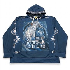 MAOS Mens Wolf Graphic Hoodie Navy Blue Southwestern Tribal Pullover Large