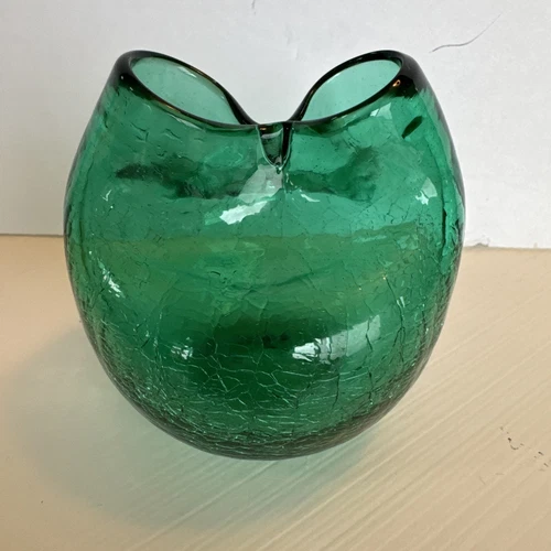 Vtg Mid Century Blenko Emerald Green Crackle Glass Pinched Round Double Vase