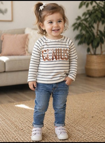 Peek Kids Graphic Shirt Girls Size 2 Genius In Sequins Blue & Cream Striped
