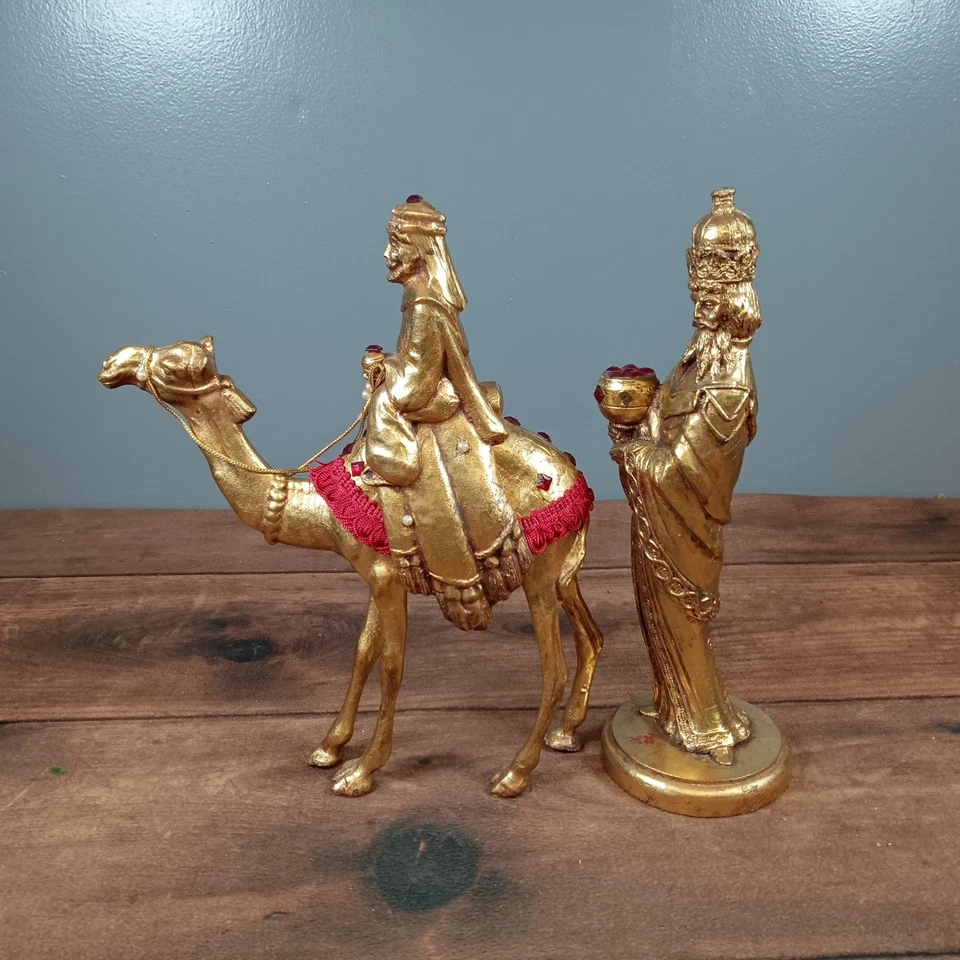 Juego de estatuillas vintage de dos magos en tono dorado de la natividad camello decoración navideña Foto 4 de 4
