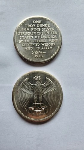 Letcher Mint 1973 American Silver Eagle 2 Coins 1 oz .999 Fine Silver