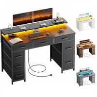 120 cm Computer Desk with Drawers, Gaming Table with LED Lights & Power Outlets