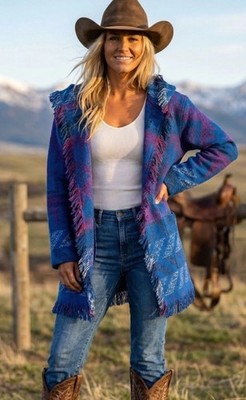 ROXY Wrap Jacket Hoodie Santa Katalina Blue Aztec Fringe Beach Surf MEDIUM