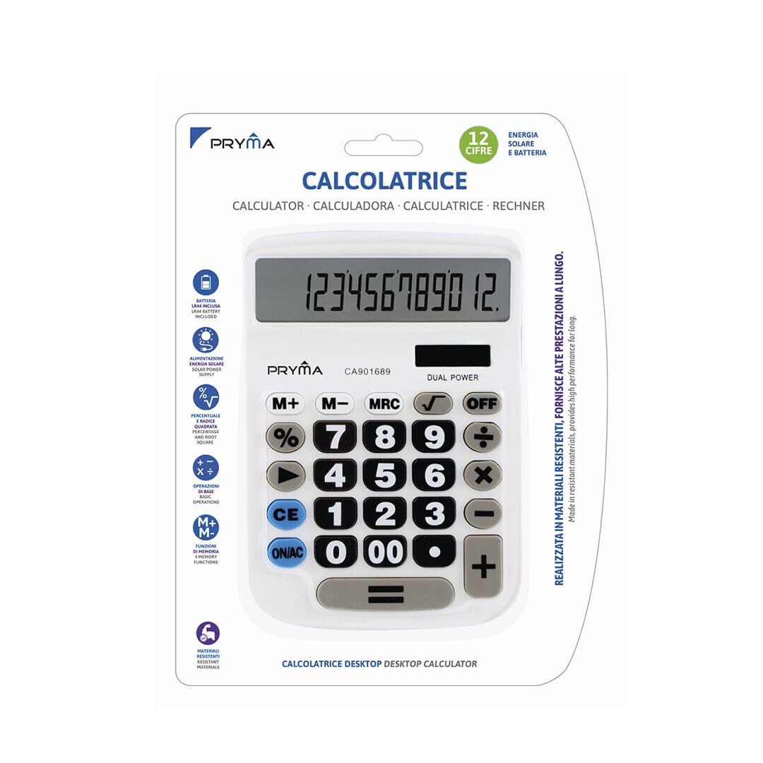 Pryma Calcolatrice 12 Cifre | 192x130x30 mm – Bianco con Batteria Inclusa e Alim