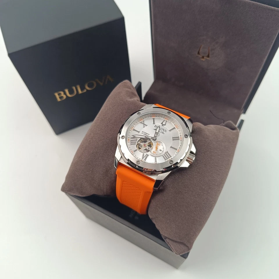 Bulova 98A226 Marine Star Automatic Watch White Dial Orange Rubber Strap - Image 2 of 4