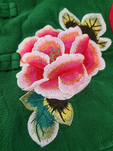 Gilet rosa vintage di ispirazione asiatica ricamato L verde rosso boho arte popolare cottage - Foto 2 di 14