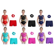 Kids Girls Gymnastics Outfit Tumbling Leotard With Shorts Hair Tie Cheerleading
