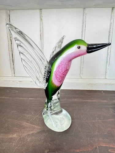Vintage Murano Style Art Glass Hummingbird Figurine Pink Green Bullicante Bird