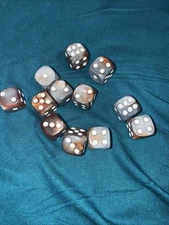 Dice D6 Set Of 12 Swirled Dice 16mm Bronze And Silver With White Pips