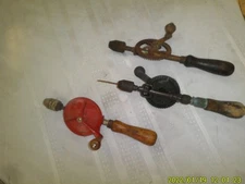 3 VINTAGE HAND CRANK DRILLS WOODEN HANDLES